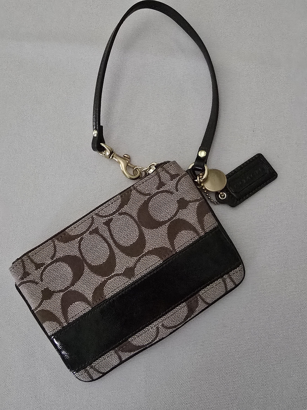 Coach Brown Signature Canvas Wristlet with Black Trim